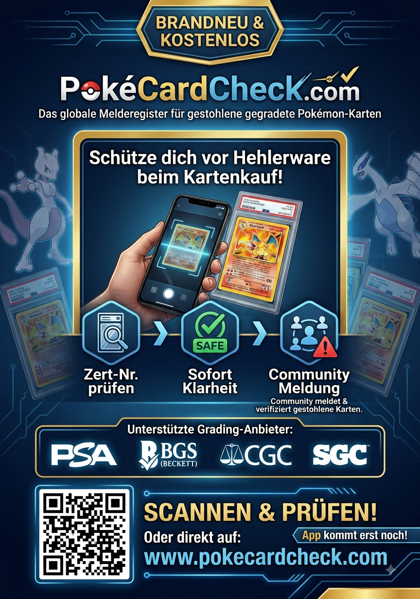 PokeCardCheck Flyer: Zertifikatsnummer prüfen, sofort Klarheit, Community-Meldung